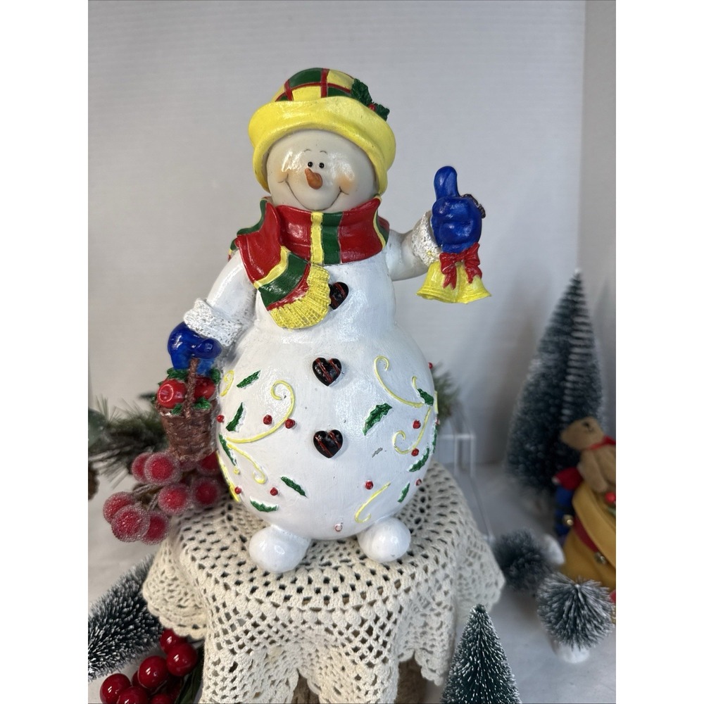 Vintage Don Mechanic Snowman Figurine Happy Snowman Bell & Basket Christmas